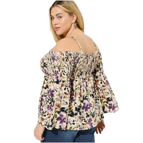 5 5X Torrid Challis Smocked Cold Shoulder Rayon Floral 3/4 Sleeve Blouse Top - Picture 2 of 11